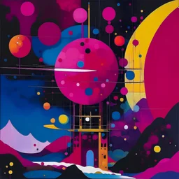 A magenta magical observatory in a galaxy with planets painted by Wassily Kandinsky