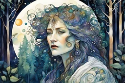 random watercolor Zentangle patterns in the styles of Gustav Klimt ,Wassily Kandinsky, Alphonse Mucha, and Kay Nielsen that depicts an aged and haggard female Druid shape shifter, with highly refined facial features, in a moonlit forest glade , with fine ink outlining
