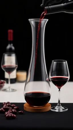 Elegant Wine Breathing Carafe Classic Red Wine Glass Table i. The background is black,