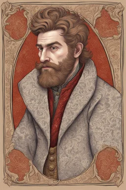 man, medieval, fighter, russian, croocked nose, czar, rich, simple clothes, short messy hair, thick beard, oligarch, brocade coat with fur, brocade clothes, pencil drawing,red hair, muscles, background frame, 20 years old, medival leather bootsspitz, gewand aus seide