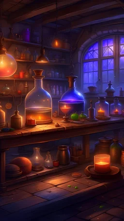 Create a detailed scene of an alchemist's workshop, where magical potions, mystical symbols, and arcane ingredients come together. Highlight the intricate details of the alchemical tools and the ethereal glow of magical elixirs