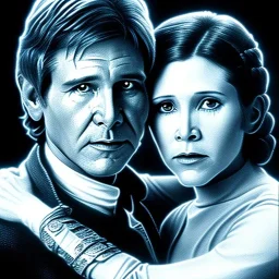 old carrie fisher embracing harrison ford in star wars, waist up portrait, photorealistic faces, intricate, oil on canvas, masterpiece, expert, insanely detailed, 4k resolution, cinematic smooth, intricate detail , soft smooth lighting, soft pastel colors,