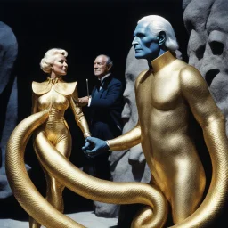 (crazy psychedelic high res photo by Ray Harryhausen) The first is tall, his skin gleaming like polished gold, with eyes that seem to reflect no light at all. The second is a woman with silver hair that writhes like serpents, her form shifting in and out of focus. The third bears no face at all, only a void where features should be, yet you can feel the intensity of its gaze boring into you like a physical force. These are not mere soldiers—they are embodiments of something darker, something tha