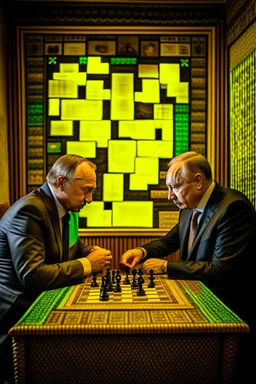 Vladimir Poutine playing chess with Zelinynski. A map of ukraine is burning on a wall