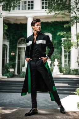 fullbody shot of young-man-with-a-perfect-face standing in green trees