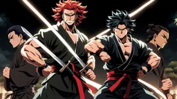 yujiro hanma vs yoriichi tsugukuni, baki vs kimetsu no yaiba, two mans standing in front of each other, a big strong man in black shirt with red hair and evil grin in martial art's stance with bare fists facing a smaller feminine swordsman with long hair and calm face reaching for his sword in traditional japanese clothes both preparing to fight each other