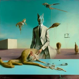 UN conference.a cat and human flesh-like surgical instruments and universe-like a pigeon and neuralink, surrealism,minimalism,Painting By Adrian Ghenie, Rene Magritte, Salvador Dali, Lucian Freud