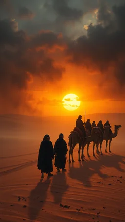 Bosch painting style nightmare , 3D ,a caravan in the desert of prisoners slave in black tied to camels in a dramatic misty scene of the sunset time in a stormy weather in the desert background, high Quality picture , 8k