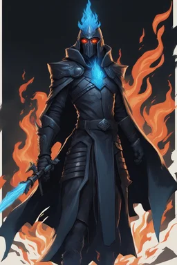 A commander with a matte black combat helmet and eyes with bright blue flaming pupils, a black cape and a long coat with long combat boots and a long, sharp and fiery spear and with his helmet under his cape and two blue flames instead of eyes