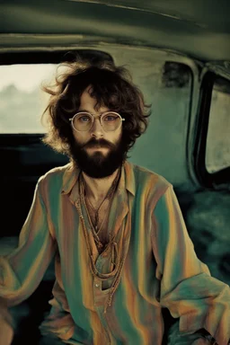 Hippie bohemian young man with Parisian bohemian look and glasses of colours and poor and short short short and poor hair on the head with receding hairline. Farsightedness glasses with big eyes. Long beard. Vintage look and feel like photo styleof the 70s