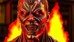 4K, ultra detail, ombres et reflets maximum, full realism portrait terminator iron maiden logo full face flames4K, ultra detail, full realism portrait terminator logo full face city firestarter in the background