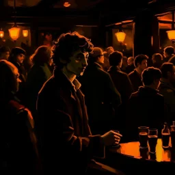 a single figure in a crowded bar at night, young people, dark colors, rembrandt style