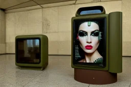 Photograph post-technological era, Bio-punk. Machine, creamy fake skin, old-camera-eyes, Abandoned. 3D-tiling on the adaptive background. Lightly armored. Nature overwhelmed city hall. Lay figure woman broken. Haute Couture 1990's. Light from right. Colors: army green, terracotta, brown and black. Old big television. AKG-style headphones, golden rings & disc. Logo. Thick tights. Thick calves. Curved fell. Wide hip. Dead city. Countermove. No hairs! Materials: leather, wool, latex, wet moss