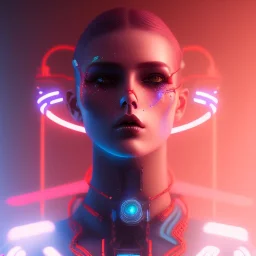 beautiful pale cyberpunk female with heavy black eyeliner, blue eyes, shaved side haircut, hyper detail, cinematic lighting, magic neon, dark red city background