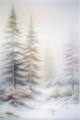 magic Fir trees, flowers, beautiful landscape, delicate tones, translucent, snow white, clear lines, high-quality drawing, beautiful landscape, clear drawing of details, realistic, high quality, hazy haze, hyperrealism, delicate pastel tones, fabulous, highlights, high-quality detail, watercolor, snowy