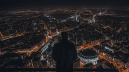 An Englishman in a bomber jacket standing at the top of a tall building looking across a city at night