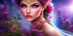 bright fairy, beautiful portrait, flowery landscape