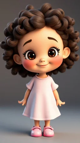 A little cartoon girl . Beautiful exaggerated features, highly expressive and lively face, 3D design with excellent lighting and texture. Curly voluminous hair, a heartwarming smile.standing pose ,in pretty shoes.head size normal.