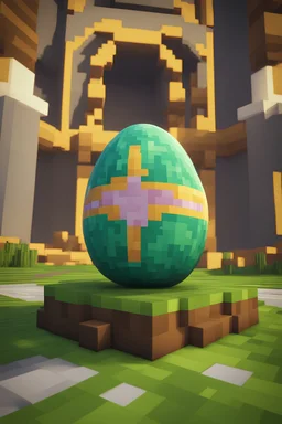 "Generate a full HD 4K image of an Easter egg (Pisanka) in the Minecraft world. The egg should be vibrant and intricately decorated with traditional patterns, fitting the festive spirit of Easter. Surround the egg with Minecraft elements that enhance its appearance and evoke the holiday atmosphere. Ensure that the image captures the unique blocky style of Minecraft while showcasing the intricate details of the decorated egg. Let your imagination flourish as you bring this Easter-themed creation