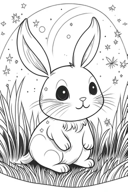 Outline art for cute Halloween colouring pages with rabbit, white background Dreamy Night Sky": Color a serene night scene with a rabbit gazing at the moon and stars, creating a peaceful atmosphere.