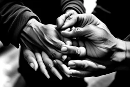 Interlaced hands blacks, white... on a background of city streets. photograph taken with Fuji XT-3 camera and 35 mm lens Real photograph. Photojournalism