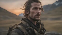 RAW photo, half-length of a man in a post apocalyptic future, thick hair, intricate clothes, military boots, improvised weapon, insanely hyper-realistic, highly detailed textures, skin pores, nose piercing, perfect lighting, photorealism, photo realistic, hard focus, smooth, depth of field, sky with northern lights background, 8K UHD, photo taken by a Sony Alpha 1, 85mm lens, f/1. 4 aperture, 1/500 shutter speed, ISO 100 film, neutral colors, muted colors