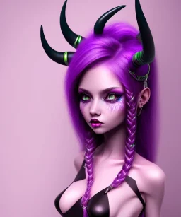 cute purple haired devil girl with bright green eyes and 2 black horns on her head wearing a purple/pink dress