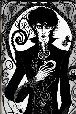 black haired young man necromancer wizard with gothic jewelry and tentacle fingers in the style of Aubrey Beardsley