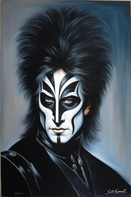 Head and shoulders image - oil painting by Scott Kendall - pitch Black solo record album with emerald glowing in tips of hair - 30-year-old Peter Criss (Drummer) with shoulder length, wavy, straight black and gray hair, with his face made up to look like a cat's face - in the art style of Boris Vallejo, Frank Frazetta, Julie bell, Caravaggio, Rembrandt, Michelangelo, Picasso, Gilbert Stuart, Gerald Brom, Thomas Kinkade, Neal Adams, Jim Lee, Sanjulian, Thomas Kinkade, Jim Lee, Alex Ross,