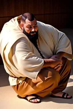 close up photography of a Burly arab 26 year old stocky short chubby man on his knees, short beard, dressed in an brown economic traditional caftan with pants and sandals, photorealistic, ambient occlusion, in a simple living room, ambient occlusion, side view from the bottom