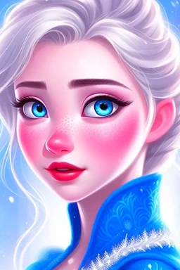 Princess Elsa is very beautiful, with a beautiful face, matching blue eyes, a slim nose, and a matching mouth. She wears a luxurious blue dress with delicate details in the snow