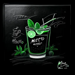 Drawing on a black chalkboard of a mojito cocktail with lime and mint. restaurant vibe. realistic.