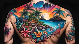 an amazing tropical island tattooed on a human back in vivid and vibrant, colorful tattoo ink on a black background