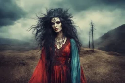 Conceptual surreal and otherworldly, full body portrait photograph of a traditionally dressed Romanian Gypsy Vampire Sorceress , with highly detailed hair and facial features in the photographic style of Jerry Uelsmann, sharply focused, cross processed color image using color slide film with C-41 color negative chemicals, with fine ink overlays, 8k, cinematic horror atmosphere