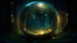 2:1 sphere faces image. Enchanted forest. fireflies wandering. mystical.