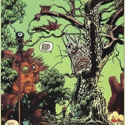  huge kaiju birds in a tree near a city by wally wood