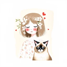 girl and a fluffy Siamese cat, naive childlike proportions, girl in profile with closed eyes and rosy cheeks, textured hair filled with white flowers and scribbled lines, simple floral dress, cat with eyes closed and tiny red hearts above its head, mixed-media acrylic and pencil texture, muted vintage pastel colors, warm beige background, dreamy feel, soft and imperfect hand-painted, naive art style.
