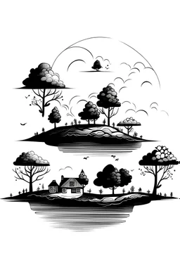 Ink drawing of small islands floating in the sky, clumps of trees, small houses, no humans, minimalistic, black and white, crisp lines, negative space, in the style of cards