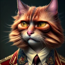 A beautiful portrait of ginger old cat wearing a suit by sandra chevrier and, greg rutkowski and wlop, red color scheme, high key lighting, volumetric light, digital art, highly detailed, fine detail, intricate, ornate, complex, octane render, photorealistic