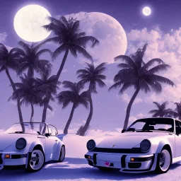 1980's aesthetic vaporwave palm trees with moon with porsche in the winter snow with lightning