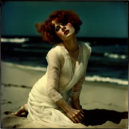 Clara bow on the beach, in the wind, white lace dress, autochrome
