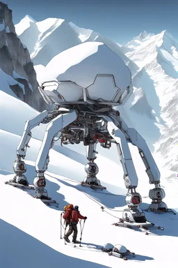 a sleek mechanical walker with eight legs scaling a very steep snow covered side of mout everest at night, it has a smooth surface, it has storage pods on its belly and humans can fit in the pods