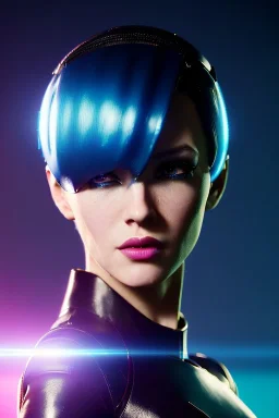 Futuristic fantasy character, portrait from waist up, physically fit, latex and leather attire, blue eyes, multicolor hair, intricate eyeliner, vibrant eyeshadow, clear completion, soft lighting, 4k resolution, intricate details, insanely detailed, colorful cityscape background, masterpiece, expert, cinematic smooth, retroanime style, realistic details, no helmet