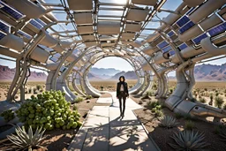 Unground solar punk tunnels, cinematic, extreme dof, dystopian, sci-fi, award-winning, Yui working hard in a garden, National Geographic, breath taking, oxygen farm but outside is a desert, fantasy, magical, geometry