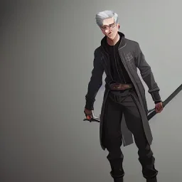 gray-haired young man with katana in black baggy jaket