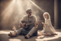 An angel handsome man with a very very!!! short, grey beard and moustache and a grey beret, with round black sunglasses and a shining halo plays guitar, in front of him a 7-year-old girl with blonde-brown hair is listening with her head propped on her elbow on a carpet, ethereal, heavenly, otherwordly, cinematic postprocessing, shading pastel and charcoal in sunshine, watercolor