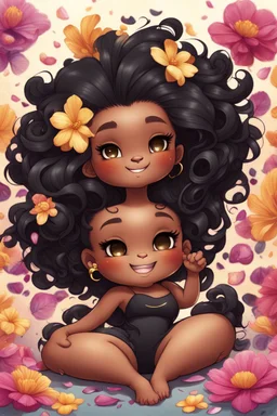 A sassy thick-lined airbrushed cartoon black chibi girl lounging lazily on her side, surrounded by flower petals. She has a golden lion tail curling playfully behind her curvy body. Looking up coyly, she grins widely, showing sharp lion teeth. Her poofy hair forms a mane framing her confident, regal expression.