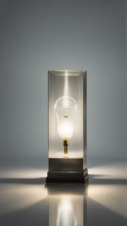 portrait of a square pillar with a bulb in the foot, and mirrors reflecting light up into a square crystal block head at the top