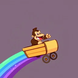 vector Cartoon Donkey Kong riding a rainbow in a cart in pixel