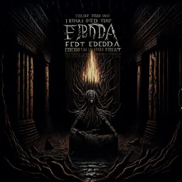 Text "THE POETIC EDDA", gathered to witness the ending of times - Brought to life by gods of deceit and lies, artsy death-metal album art, HD, surreal horror art, nightmarish, dynamic composition, dark color burn,